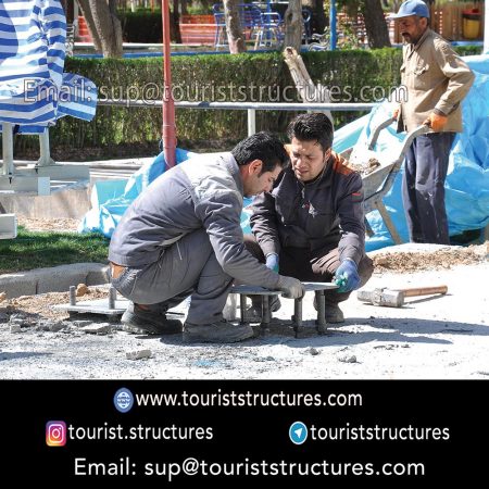 topography and regulation, Placement operation of the foundation base plates and their height equalization by surveyor and finally grouting in the aerial restaurant project in Ferdows Garden of Isfahan