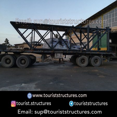 construction, color and carrying the structure, Location of metal frame factory (derrick and structures) of the aerial restaurant project in Ferdows Garden of Isfahan, Pasargad’s professional forces in welding, cutting and assembly at the factory, Steps to build the derrick for the aerial restaurant inside the factory in project of Ferdows Garden, Isfahan, Painting of project structures (with polyurethane paint, 120 microns thick) inside the factory in Ferdows Garden, Isfahan, Carrying of the project structures from the factory to the project site (in Ferdows Garden, Isfahan)