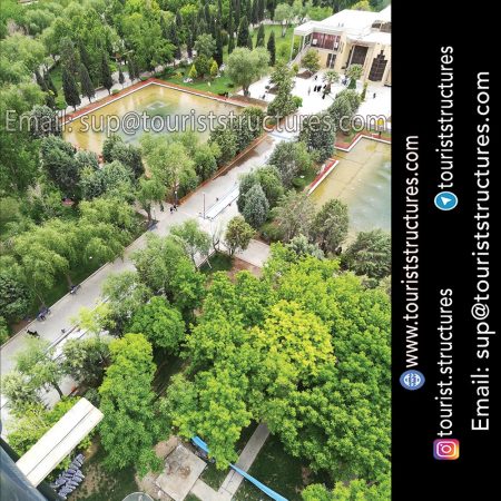 Beautiful view of the Project construction location of Ferdows Garden, the top of the derrick of the aerial restaurant in Isfahan (it is located behind Atashgah Mountain), Beautiful pictures from project construction location by Quadcopter in Ferdows Garden of Isfahan, Beautiful view from Atashgah Mountain from inside the aerial restaurant in Ferdows Garden of Isfahan, The ground of project construction of the aerial restaurant of Ferdows Garden, Isfahan before civil operation, 3D view of the aerial restaurant and its derrick in project of Ferdows Garden of Isfahan, Project of the aerial restaurant pick-axing ceremony in Ferdows Garden of Isfahan, Project introduction banner (installed at the construction location) and Pasargad Company logo (the company logo is installed on the structures)