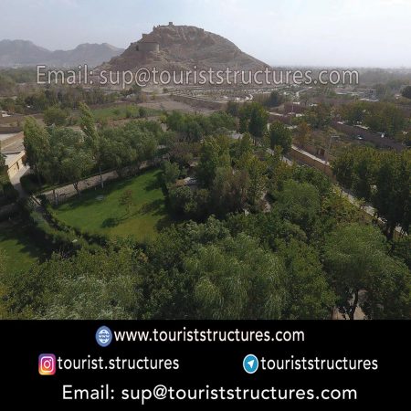 Beautiful view of the Project construction location of Ferdows Garden, the top of the derrick of the aerial restaurant in Isfahan (it is located behind Atashgah Mountain), Beautiful pictures from project construction location by Quadcopter in Ferdows Garden of Isfahan, Beautiful view from Atashgah Mountain from inside the aerial restaurant in Ferdows Garden of Isfahan, The ground of project construction of the aerial restaurant of Ferdows Garden, Isfahan before civil operation, 3D view of the aerial restaurant and its derrick in project of Ferdows Garden of Isfahan, Project of the aerial restaurant pick-axing ceremony in Ferdows Garden of Isfahan, Project introduction banner (installed at the construction location) and Pasargad Company logo (the company logo is installed on the structures)