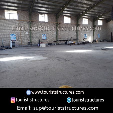 construction, color and carrying the structure, Location of metal frame factory (derrick and structures) of the aerial restaurant project in Ferdows Garden of Isfahan, Pasargad’s professional forces in welding, cutting and assembly at the factory, Steps to build the derrick for the aerial restaurant inside the factory in project of Ferdows Garden, Isfahan, Painting of project structures (with polyurethane paint, 120 microns thick) inside the factory in Ferdows Garden, Isfahan, Carrying of the project structures from the factory to the project site (in Ferdows Garden, Isfahan)