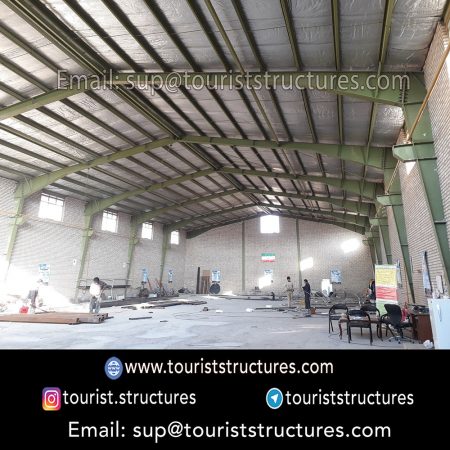 construction, color and carrying the structure, Location of metal frame factory (derrick and structures) of the aerial restaurant project in Ferdows Garden of Isfahan, Pasargad’s professional forces in welding, cutting and assembly at the factory, Steps to build the derrick for the aerial restaurant inside the factory in project of Ferdows Garden, Isfahan, Painting of project structures (with polyurethane paint, 120 microns thick) inside the factory in Ferdows Garden, Isfahan, Carrying of the project structures from the factory to the project site (in Ferdows Garden, Isfahan)