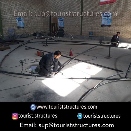 construction, color and carrying the structure, Location of metal frame factory (derrick and structures) of the aerial restaurant project in Ferdows Garden of Isfahan, Pasargad’s professional forces in welding, cutting and assembly at the factory, Steps to build the derrick for the aerial restaurant inside the factory in project of Ferdows Garden, Isfahan, Painting of project structures (with polyurethane paint, 120 microns thick) inside the factory in Ferdows Garden, Isfahan, Carrying of the project structures from the factory to the project site (in Ferdows Garden, Isfahan)
