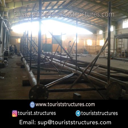construction, color and carrying the structure, Location of metal frame factory (derrick and structures) of the aerial restaurant project in Ferdows Garden of Isfahan, Pasargad’s professional forces in welding, cutting and assembly at the factory, Steps to build the derrick for the aerial restaurant inside the factory in project of Ferdows Garden, Isfahan, Painting of project structures (with polyurethane paint, 120 microns thick) inside the factory in Ferdows Garden, Isfahan, Carrying of the project structures from the factory to the project site (in Ferdows Garden, Isfahan)