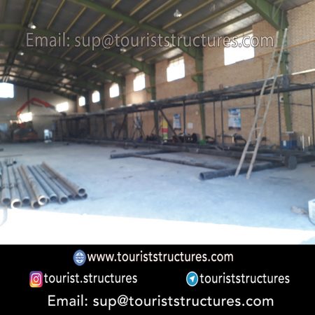 construction, color and carrying the structure, Location of metal frame factory (derrick and structures) of the aerial restaurant project in Ferdows Garden of Isfahan, Pasargad’s professional forces in welding, cutting and assembly at the factory, Steps to build the derrick for the aerial restaurant inside the factory in project of Ferdows Garden, Isfahan, Painting of project structures (with polyurethane paint, 120 microns thick) inside the factory in Ferdows Garden, Isfahan, Carrying of the project structures from the factory to the project site (in Ferdows Garden, Isfahan)