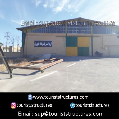 construction, color and carrying the structure, Location of metal frame factory (derrick and structures) of the aerial restaurant project in Ferdows Garden of Isfahan, Pasargad’s professional forces in welding, cutting and assembly at the factory, Steps to build the derrick for the aerial restaurant inside the factory in project of Ferdows Garden, Isfahan, Painting of project structures (with polyurethane paint, 120 microns thick) inside the factory in Ferdows Garden, Isfahan, Carrying of the project structures from the factory to the project site (in Ferdows Garden, Isfahan)