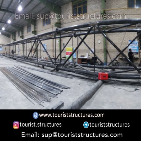 construction, color and carrying the structure, Location of metal frame factory (derrick and structures) of the aerial restaurant project in Ferdows Garden of Isfahan, Pasargad’s professional forces in welding, cutting and assembly at the factory, Steps to build the derrick for the aerial restaurant inside the factory in project of Ferdows Garden, Isfahan, Painting of project structures (with polyurethane paint, 120 microns thick) inside the factory in Ferdows Garden, Isfahan, Carrying of the project structures from the factory to the project site (in Ferdows Garden, Isfahan)