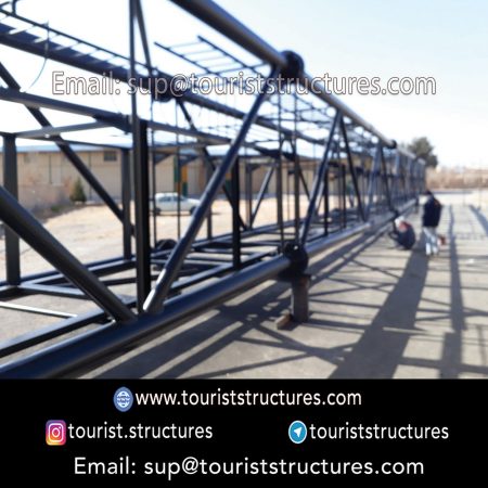 construction, color and carrying the structure, Location of metal frame factory (derrick and structures) of the aerial restaurant project in Ferdows Garden of Isfahan, Pasargad’s professional forces in welding, cutting and assembly at the factory, Steps to build the derrick for the aerial restaurant inside the factory in project of Ferdows Garden, Isfahan, Painting of project structures (with polyurethane paint, 120 microns thick) inside the factory in Ferdows Garden, Isfahan, Carrying of the project structures from the factory to the project site (in Ferdows Garden, Isfahan)