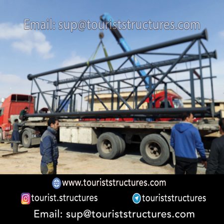 construction, color and carrying the structure, Location of metal frame factory (derrick and structures) of the aerial restaurant project in Ferdows Garden of Isfahan, Pasargad’s professional forces in welding, cutting and assembly at the factory, Steps to build the derrick for the aerial restaurant inside the factory in project of Ferdows Garden, Isfahan, Painting of project structures (with polyurethane paint, 120 microns thick) inside the factory in Ferdows Garden, Isfahan, Carrying of the project structures from the factory to the project site (in Ferdows Garden, Isfahan)