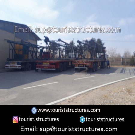 construction, color and carrying the structure, Location of metal frame factory (derrick and structures) of the aerial restaurant project in Ferdows Garden of Isfahan, Pasargad’s professional forces in welding, cutting and assembly at the factory, Steps to build the derrick for the aerial restaurant inside the factory in project of Ferdows Garden, Isfahan, Painting of project structures (with polyurethane paint, 120 microns thick) inside the factory in Ferdows Garden, Isfahan, Carrying of the project structures from the factory to the project site (in Ferdows Garden, Isfahan)