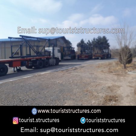 construction, color and carrying the structure, Location of metal frame factory (derrick and structures) of the aerial restaurant project in Ferdows Garden of Isfahan, Pasargad’s professional forces in welding, cutting and assembly at the factory, Steps to build the derrick for the aerial restaurant inside the factory in project of Ferdows Garden, Isfahan, Painting of project structures (with polyurethane paint, 120 microns thick) inside the factory in Ferdows Garden, Isfahan, Carrying of the project structures from the factory to the project site (in Ferdows Garden, Isfahan)